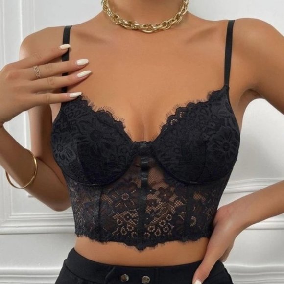 Contemporary Floral Lace Cropped Sexy Corset Cami Top black - Picture 6 of 6